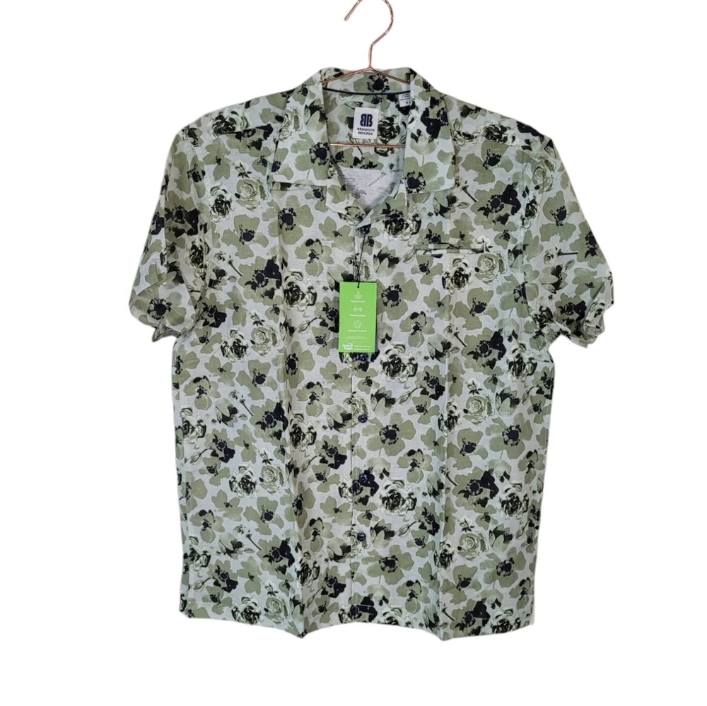 BROOKLYN BRIGADE Green Floral Linen Blend Arlington Rose Camp Shirt Size XL